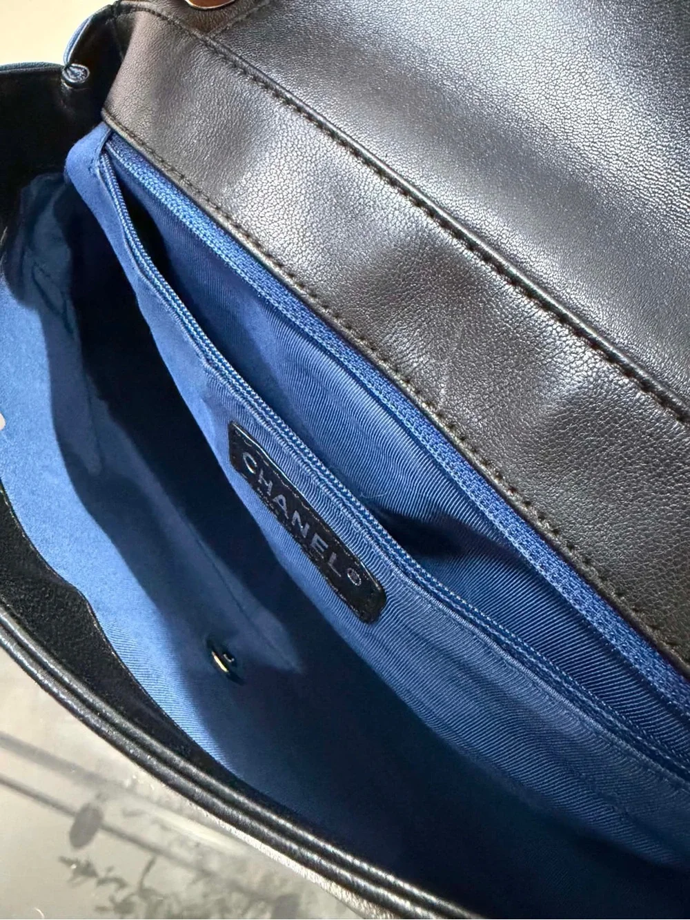 CHANEL Quilted Blue Center Panel Shoulder Bag with Black Trim